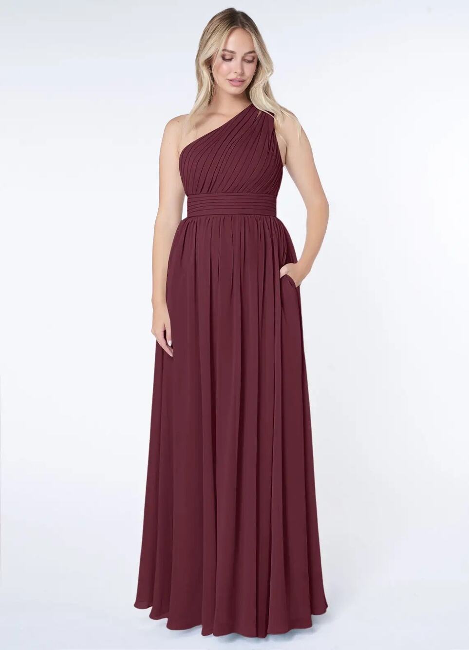 Azazie Molly One Shoulder Pleated in Cabernet Pockets A-Line Chiffon Sz (US10)